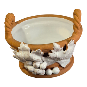 Vintage Italian Hand Decorated White Grapes Glazed Terra-Cotta Basket Planter