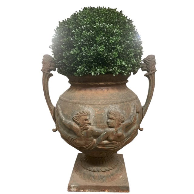 English Pair of English Cast Iron Urn Planters With Figural Reliefs For Sale - Image 3 of 3