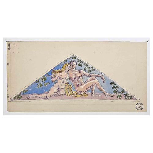 Gaston Touissant, Nude Adam and Eve, Early 20th Century, Pencil and Watercolor For Sale - Image 3 of 3
