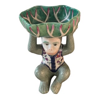 Vintage Mid 20th Century Chinoiserie Green Monkey Catch Bowl Lotus Dish For Sale