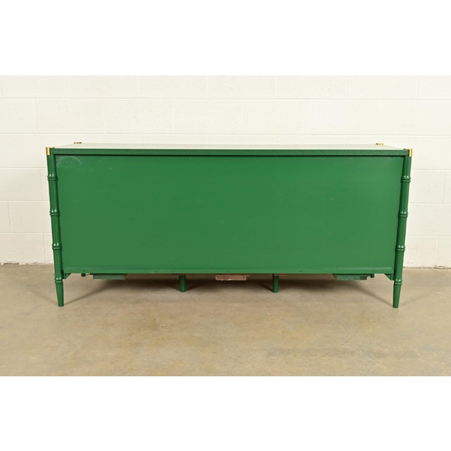 Mid-Century Hollywood Regency Campaign Green Lacquered Faux Bamboo Triple Dresser or Credenza by Stanley, Newly Refinished For Sale - Image 15 of 16