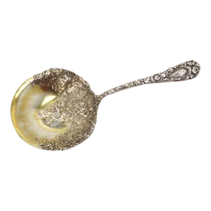 Antique Fancy Art Nouveau Sterling Silver Nut Scoop With Chrysanthemum Flowers