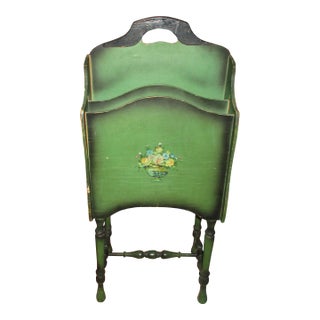 1920s Vintage French Country Shabby Chic Green With Flowers in Vase Magazine Rack / Stand For Sale