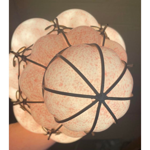 Mid 20th Century Mid Century Modern Italian Mottled Pink Cased Glass Caged Pendant Light Lantern For Sale - Image 4 of 12