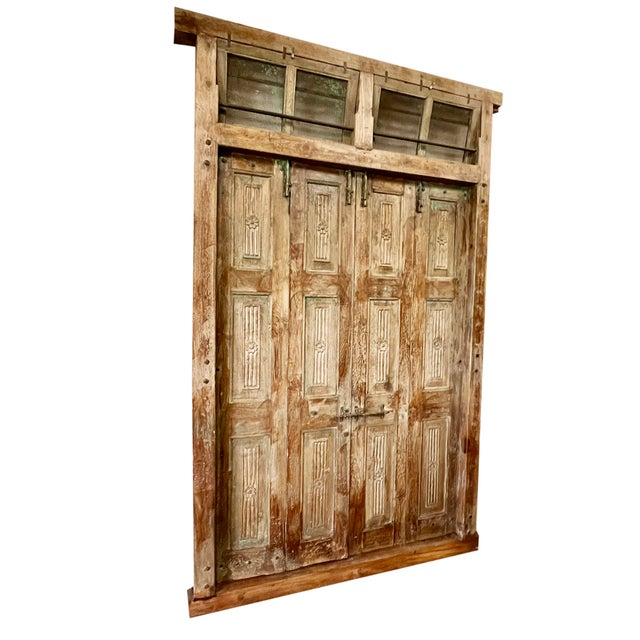 Antique Carved Exterior Teak Veranda Hinged Doors Original Hardware For Sale - Image 4 of 13