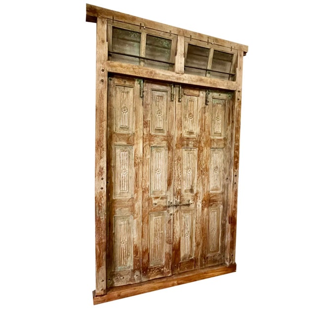 Mid-Century Modern Antique Rustic Carved Exterior Teak Double Hinged Doors, Colonial Plantation Architecture For Sale - Image 3 of 13