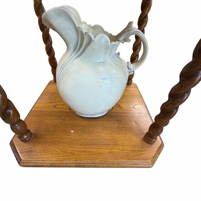 Vintage English Country Cottage Style Oak Barley Twist Washstand For Sale - Image 4 of 5