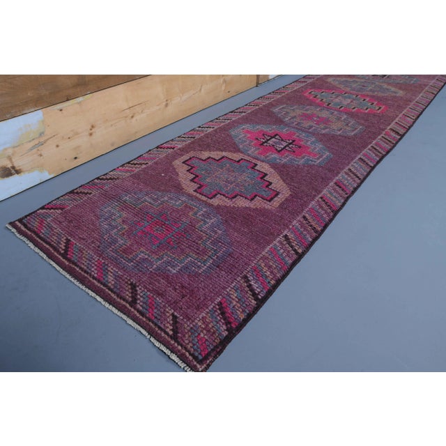 1960s Purple Pink Natural Turkish Hand-Knotted Runner Rug For Sale - Image 4 of 9