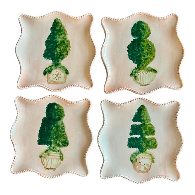 Vintage Light Pink Topiary Hand-Painted Dessert Plates by Michael Sparks for Silvestri, Set of Four For Sale