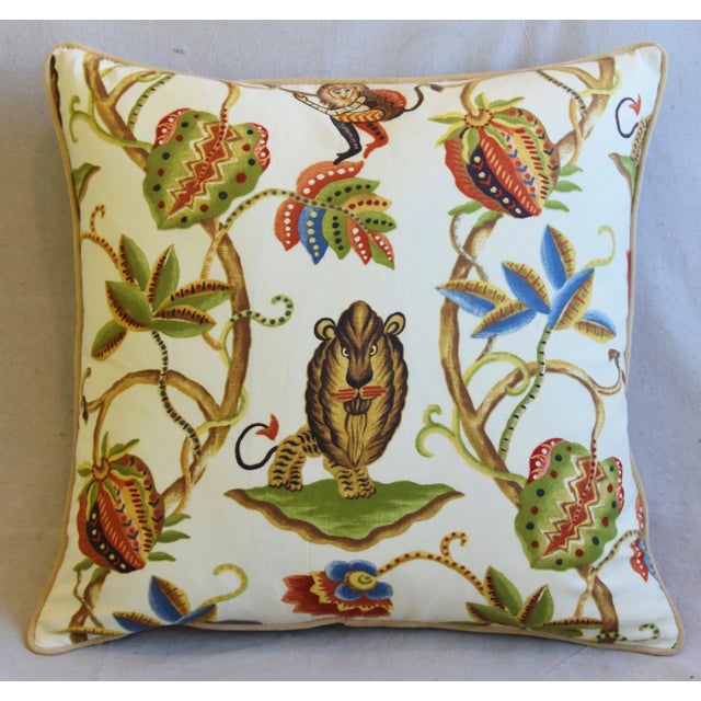 Custom-tailored pillow in P. Kaufmann Fabrics called "Bazaar Paradise" depicting colorful animal and flower design....