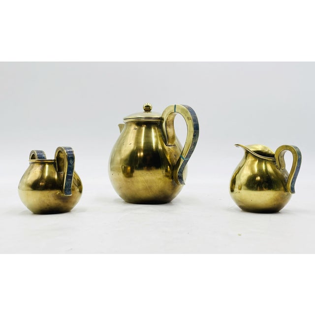 1950s Los Castillo Taxco Brass & Stone Inlaid Tea Set, Mexican Modernism - Set of 3 For Sale - Image 9 of 18