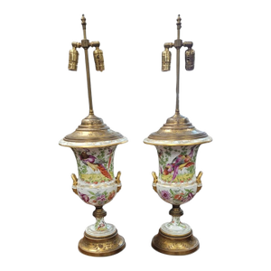 Late 19th Century Pair Antique Porcelain Campana Vase Gilt Floral Lamps