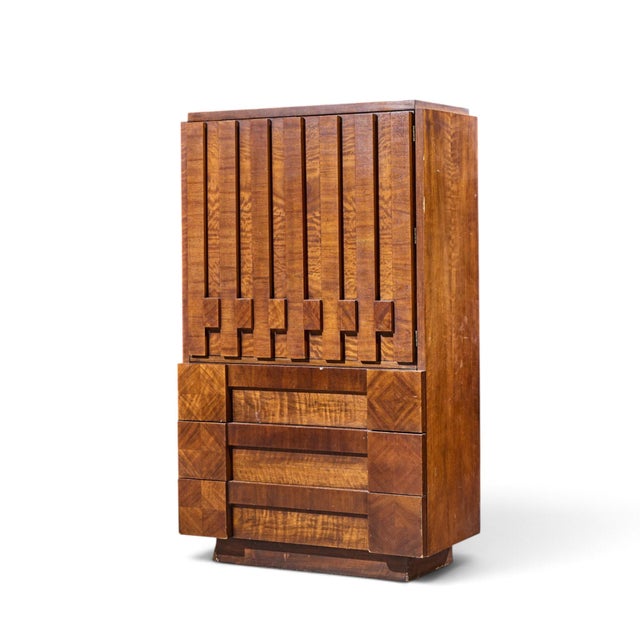 Mid-Century Modern Lane Staccato Brutalist Mid Century Walnut Armoire Highboy Dresser For Sale - Image 3 of 11