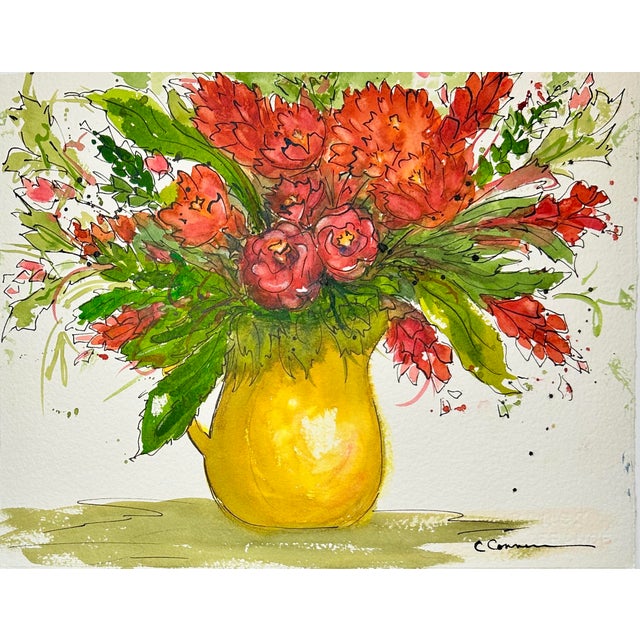 Original watercolor Ink and Wash painting “Yellow Vase” painted on 300LB cold press Arches watercolor paper from France....