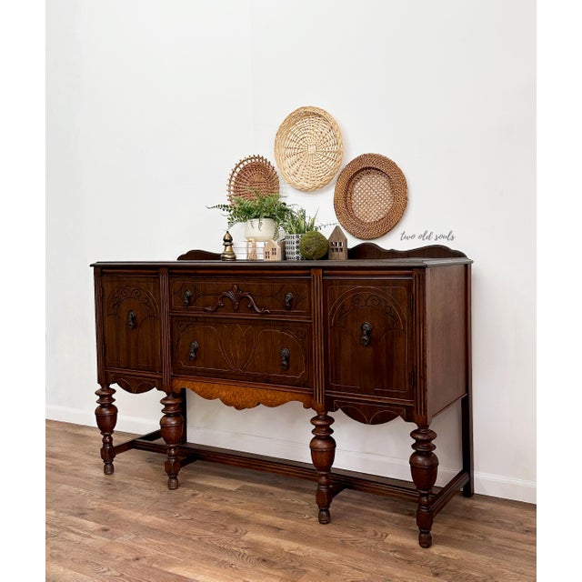 1920s Walnut Jacobean Sideboard Buffet With Birdseye Maple Accent