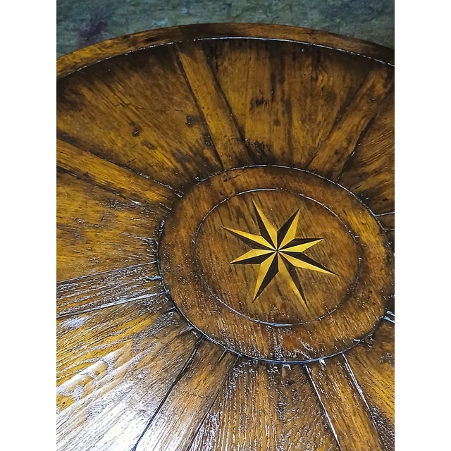 1950s 1950s Vintage Oak Rustic Coffee Table With Barley Twist Legs and Inlaid Compass Rose For Sale - Image 5 of 9