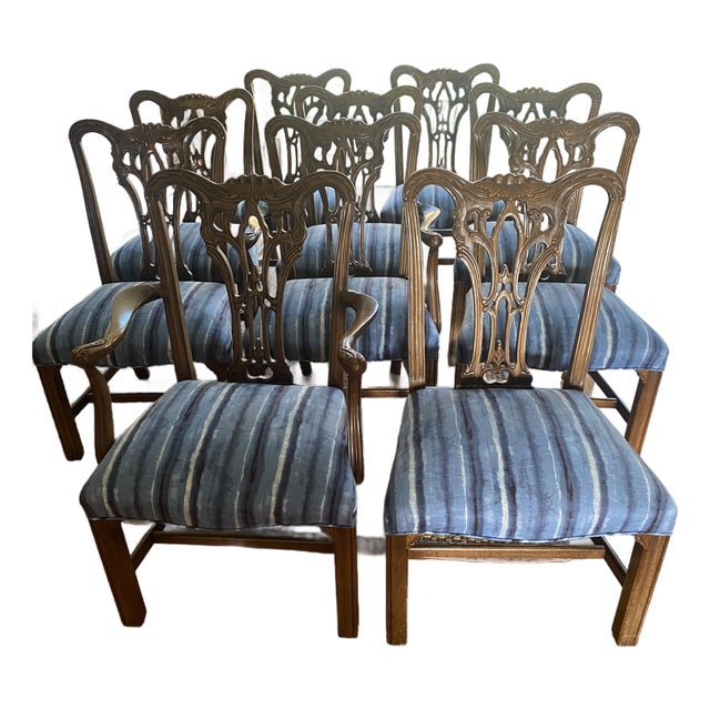 1980s 10 Georgian Chippendale Style Dining Chairs — 2 Armchairs and 8 Side Chairs For Sale