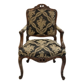 Vintage Louis XV Style Hand Carved Walnut Armchair With Black and Gold Damask Upholstery For Sale