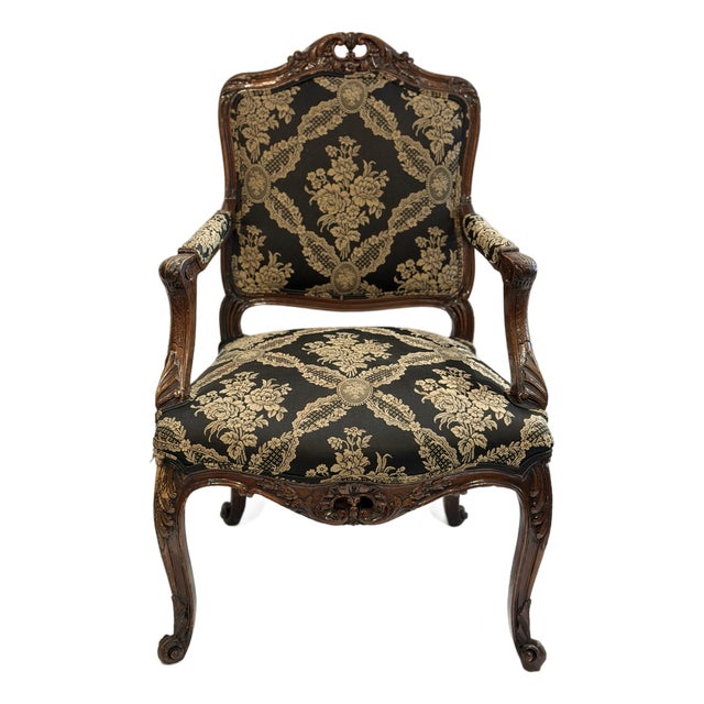Vintage Louis XV Style Hand Carved Walnut Armchair With Black and Gold Damask Upholstery For Sale