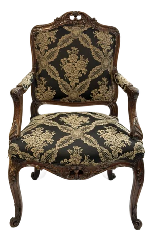Vintage Louis XV Style Hand Carved Walnut Armchair With Black and Gold Damask Upholstery