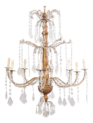 Mid 20th Century Italian Crystal & Wood Column Chandelier