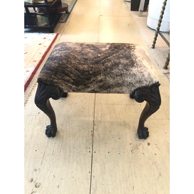 Vintage Carved Mahogany and Cowhide Ottoman For Sale In Philadelphia - Image 6 of 10