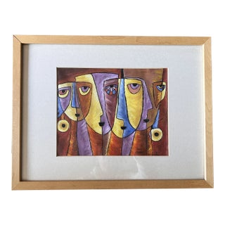 Vintage Painting of Lady Faces in Bright Colors For Sale