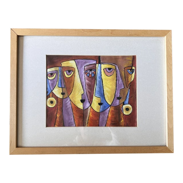 Vintage Painting of Lady Faces in Bright Colors For Sale