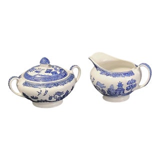 Antique Blue Willow Sugar & Creamer Set, Made in England- 2 Pieces For Sale