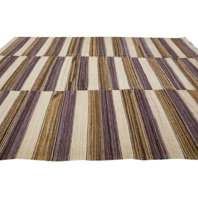 2020s 2020s Room Size Striped Flatweave Kilim Wool Rug in Beige For Sale - Image 5 of 7