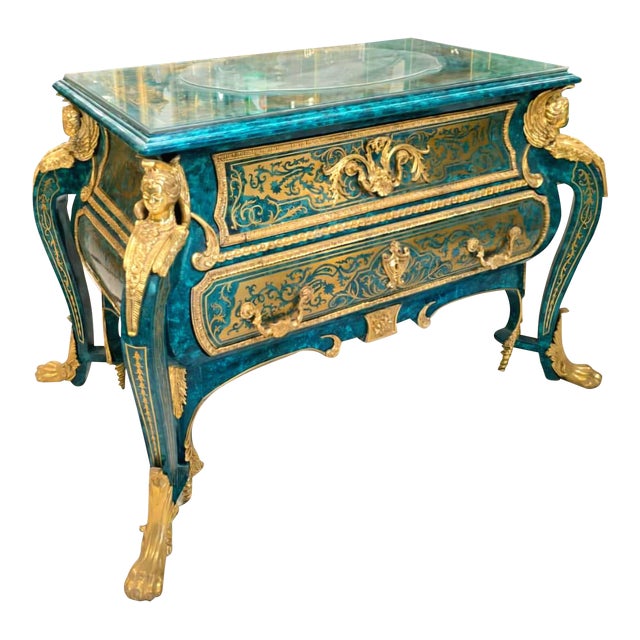 1990s French Louis XV Bottle Green Commode With 2 Drawers, Glass Top, Gold Leaf & Bronze Ormolu For Sale