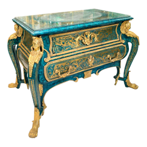 1990s French Louis XV Bottle Green Commode With 2 Drawers, Glass Top, Gold Leaf & Bronze Ormolu