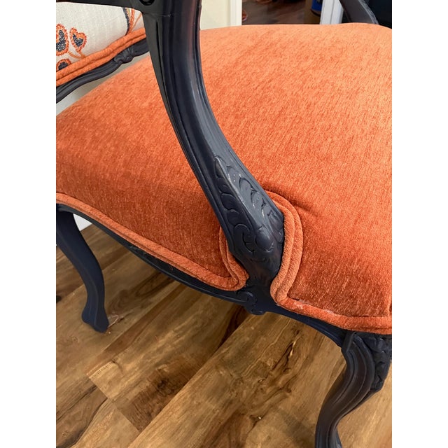 1960s Hand-Painted French Provincial Armchair - Navy Blue & Orange Velvet - Whimsical Floral Reupholstered Accent Chair For Sale - Image 5 of 14
