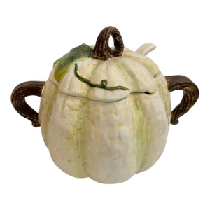 2014 Large White and Green Pumpkin Tureen With Ladle From Maxcera