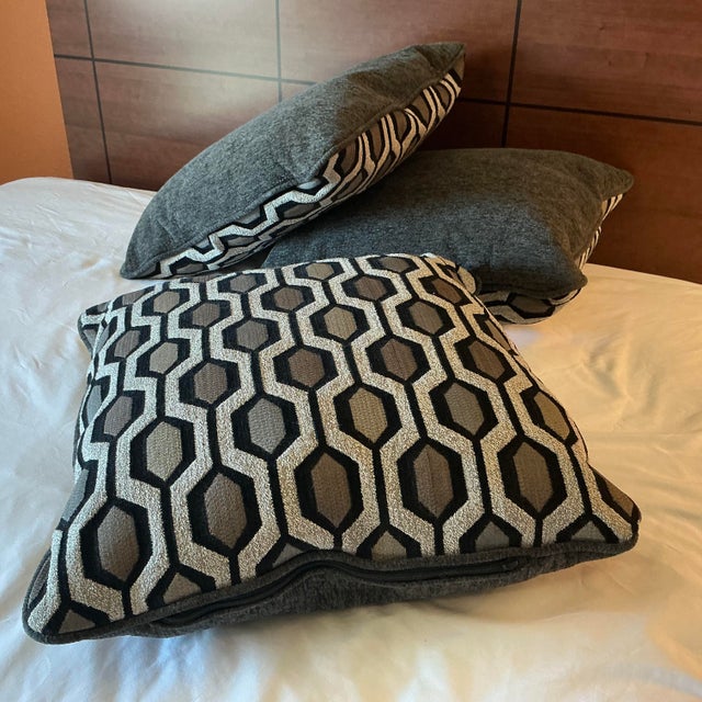 Gray 1980s Abstract Boho Chic Geometric Gray & Black Chenille Tapestry Style Pillows - Set of 3. For Sale - Image 8 of 10