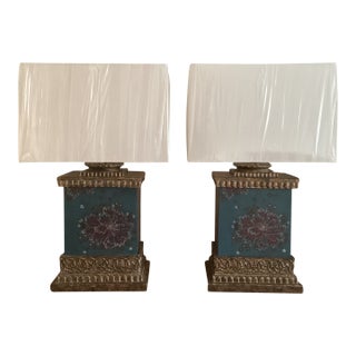Vintage Chinoiserie Teal Floral & Gilt Architectural Table Lamps - a Pair For Sale