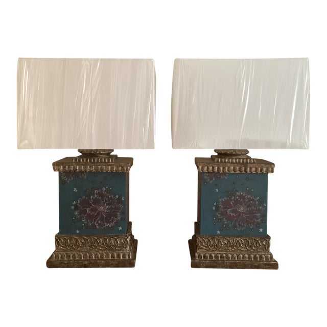 Vintage Chinoiserie Teal Floral & Gilt Architectural Table Lamps - a Pair For Sale