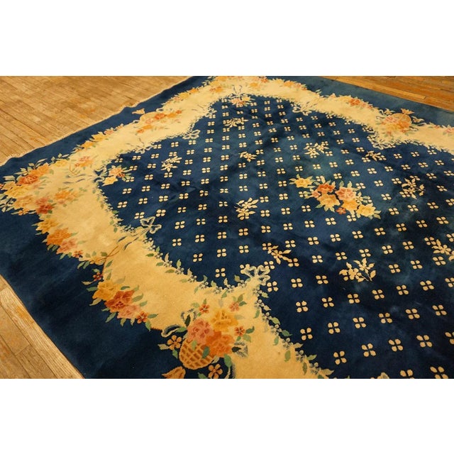 1930s 1930s Blue Navy Roses 4 Star Antique Chinese Art Deco Carpet 9' X 11'4" Knotted Wool Rug For Sale - Image 5 of 14