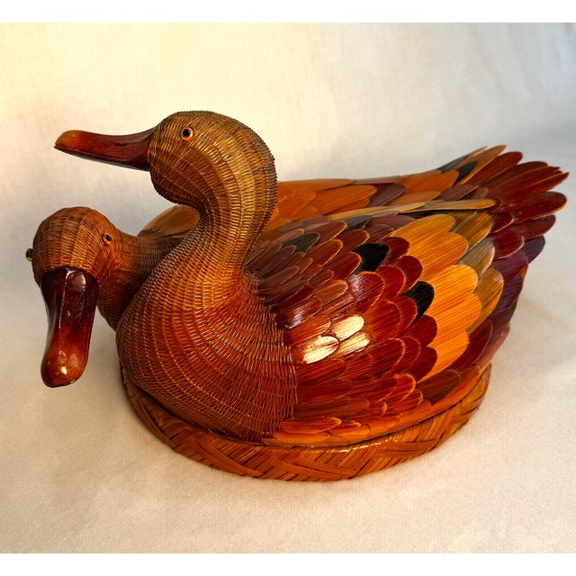 Asian Folk Art Duck Wicker Lidded Basket For Sale - Image 4 of 11