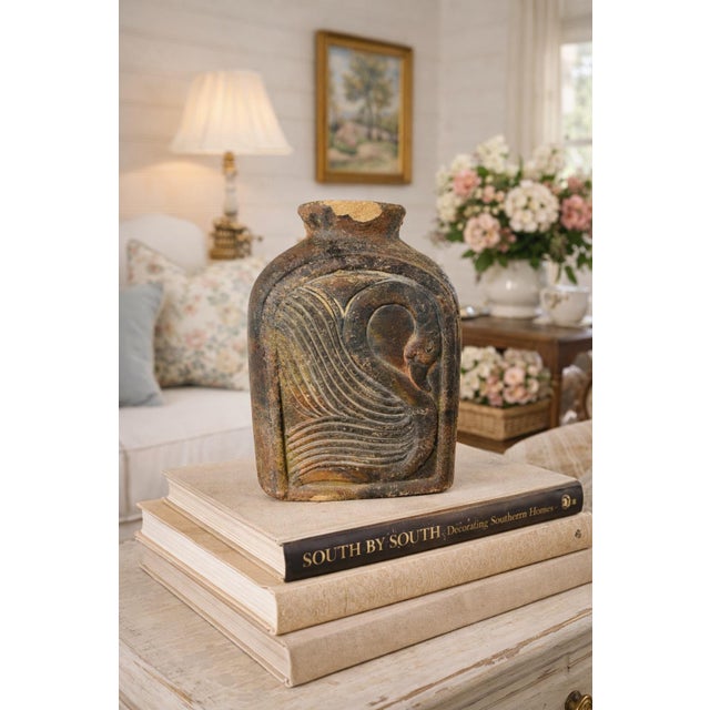 Sculpture Materials Primitive Folk Art Clay Vessel With Swan Relief | Rustic Hand-Formed Earthenware Bottle For Sale - Image 7 of 7