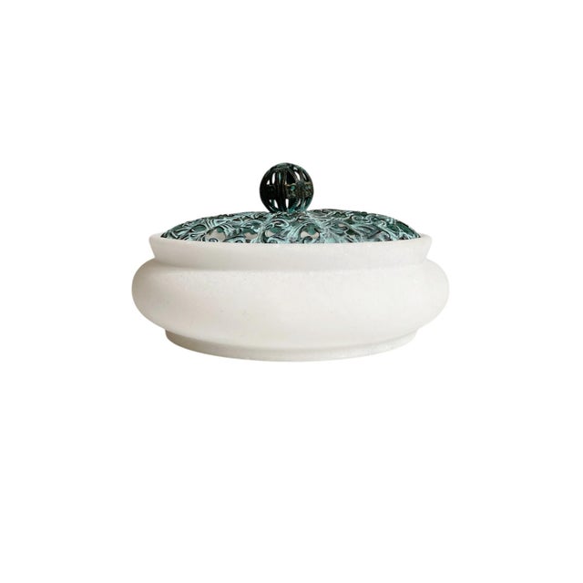 Art Nouveau Vintage Alabaster Copper Filigree Trinket Jar For Sale - Image 3 of 6