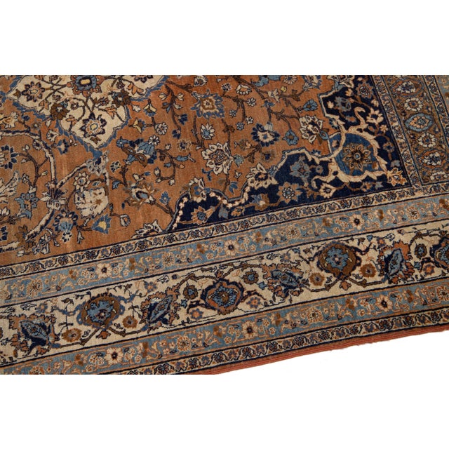 Textile 1900s Brown Antique Tabriz Handmade Medallion Designed Persian Wool Rug For Sale - Image 7 of 11