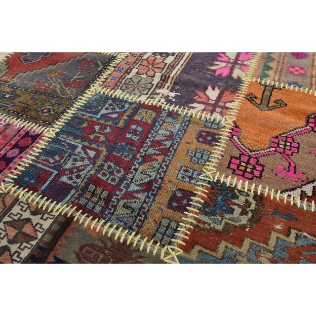 1980s Patchwork Rug 4’1” X 5’11” Multicolor Wool Vintage Hand-Knotted Carpet For Sale - Image 5 of 14