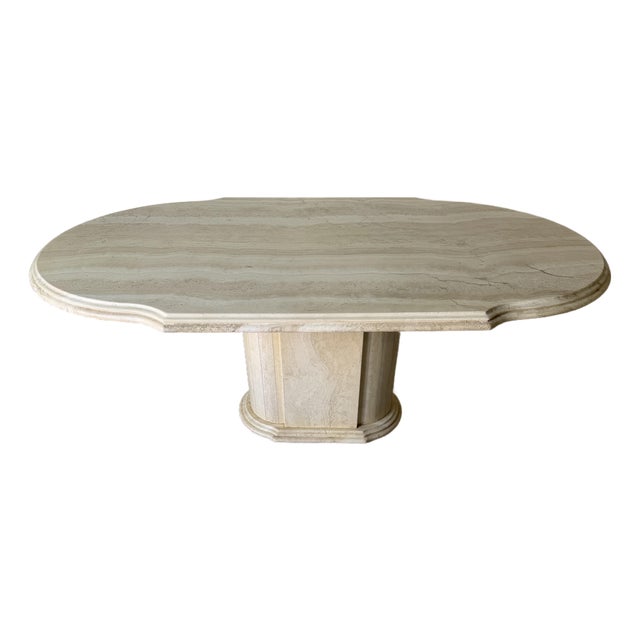 1970’s Vintage Italian Postmodern Travertine Oval Dining Table With Sculptural Pedestal Base For Sale