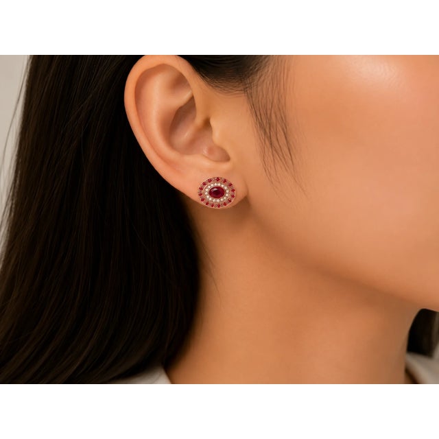 Art Deco Late 19th Century 14K Pink Gold Rose Cut Diamond Ruby Earrings, Pair For Sale - Image 3 of 3