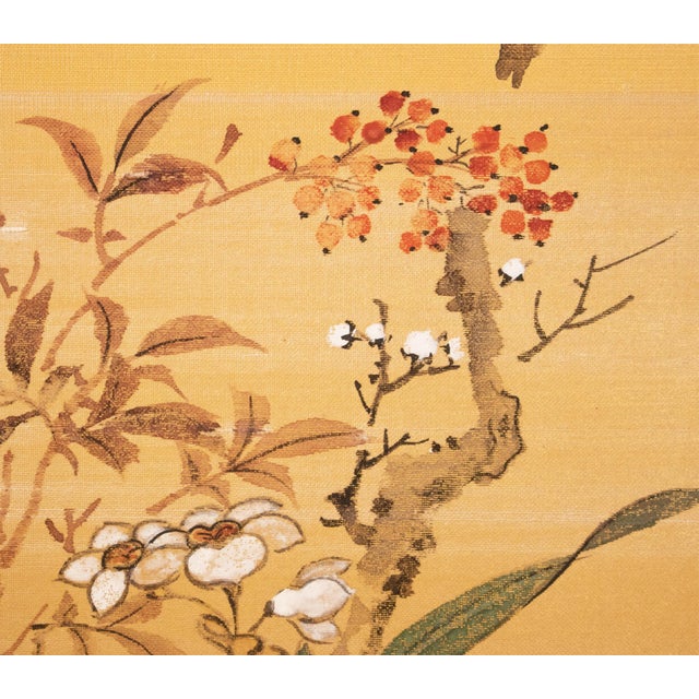 1960s Showa Era Japanese Painted Panel "Sakura and Flowers" on Gold Silk Background For Sale - Image 9 of 18
