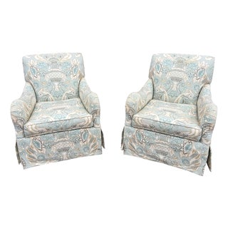 Pair of Swivel Rocker Club Chairs in Coastal, Soft Color Palette For Sale