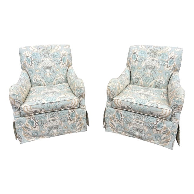 Pair of Swivel Rocker Club Chairs in Coastal, Soft Color Palette For Sale
