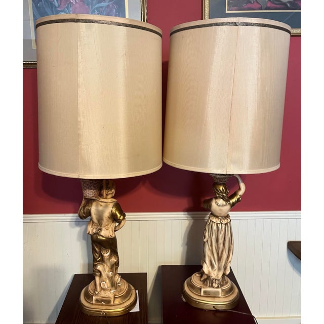 Figurative Vintage Figural Lamps, Young Man and Young Woman Carrying Fruit Baskets - a Pair For Sale - Image 3 of 12