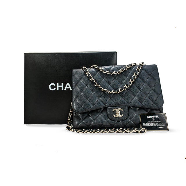 Chanel Jumbo Classic Single Flap 30cm Black Caviar Silver Hw For Sale - Image 10 of 12